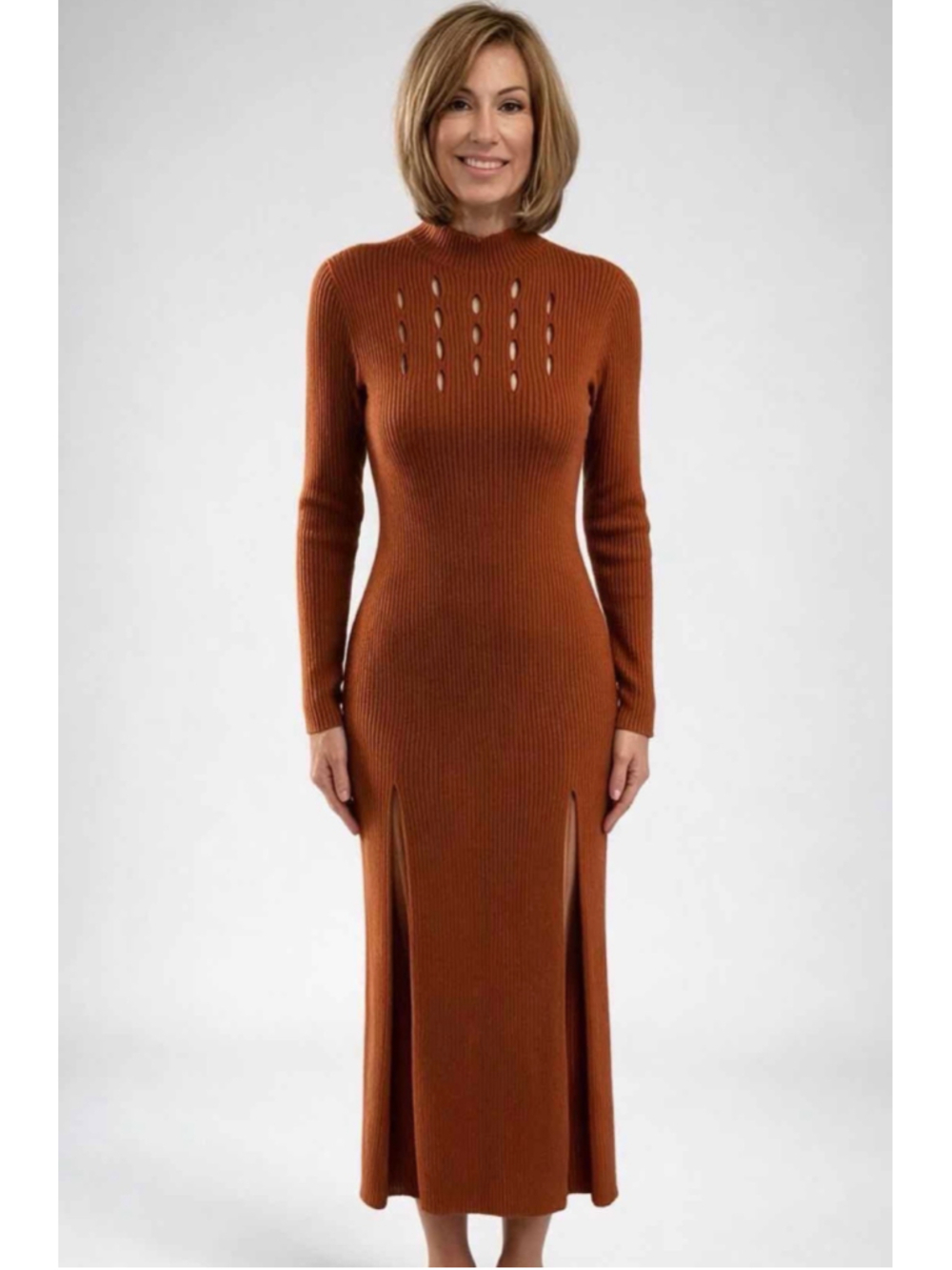 Ronny Kobo Aidy Cutout Long Sleeve Ribbed Knit Midi Dress Brown Size Small